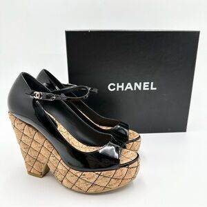 Chanel Black Patent Leather Quilted Cork Platform Peep Toe Heels